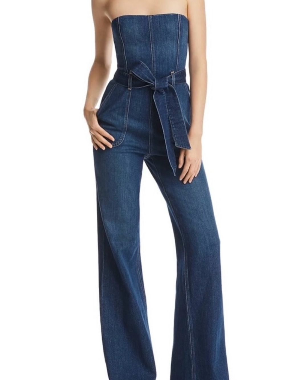 Alice + Olivia Indigo Strapless Wide-Leg Denim Jumpsuit with Tie Belt